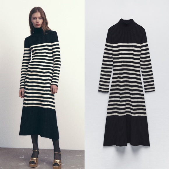 New Zara Wool Blend Striped Knit Midi Dress - 5755/147 - Picture 1 of 8